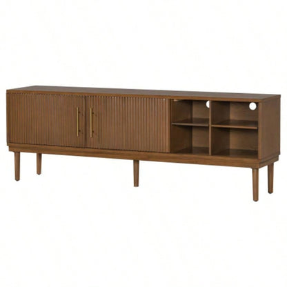 Mirod Stylish TV Stand with Vertical Striped Doors, Space - Saving Sliding Door Design, Sturdy Solid Wood, Versatile as TV Console or Side Cabinet