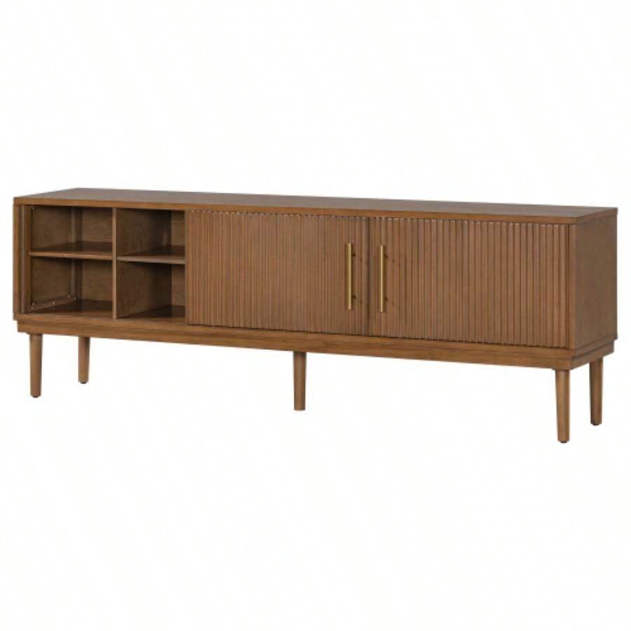 Mirod Stylish TV Stand with Vertical Striped Doors, Space - Saving Sliding Door Design, Sturdy Solid Wood, Versatile as TV Console or Side Cabinet