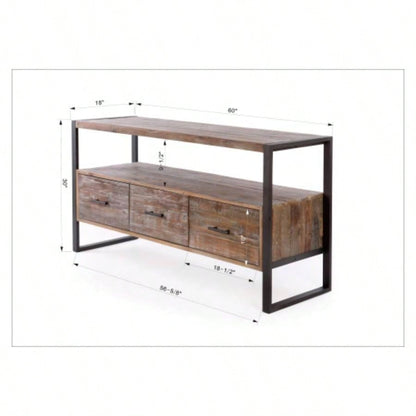 60 inch Reclaimed wood Media TV Console table with 3 Drarwer, Open Shelf, Antique
