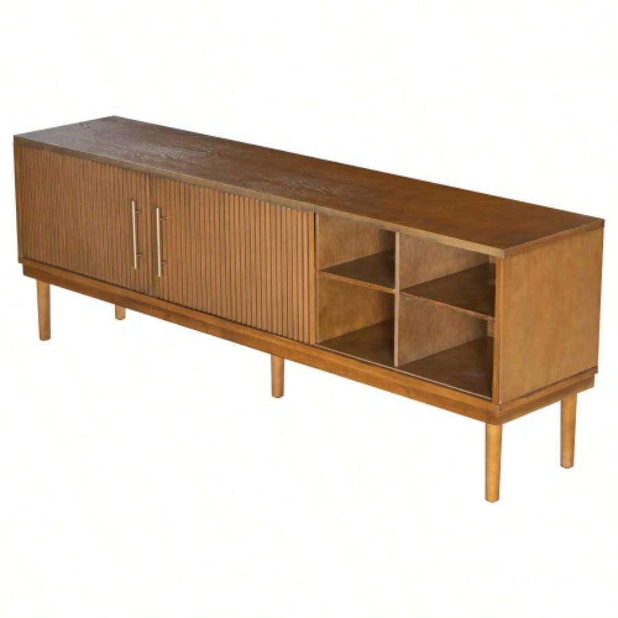 Mirod Stylish TV Stand with Vertical Striped Doors, Space - Saving Sliding Door Design, Sturdy Solid Wood, Versatile as TV Console or Side Cabinet