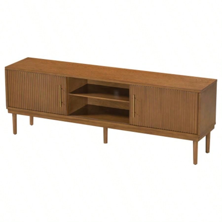 Mirod Stylish TV Stand with Vertical Striped Doors, Space - Saving Sliding Door Design, Sturdy Solid Wood, Versatile as TV Console or Side Cabinet