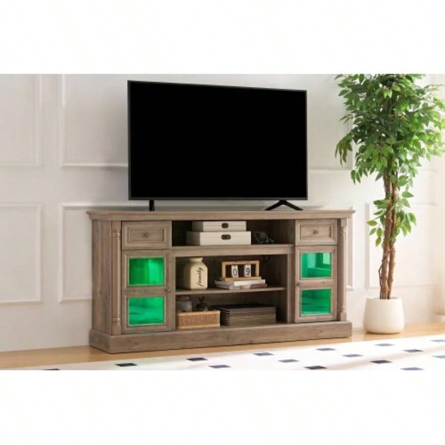 Farmhouse Fireplace TV Stand with Roman Column Styling, Up to 80 - inch TV, 70 - inch Modern Tall Entertainment Center with LED Lights, Living Room Media Console