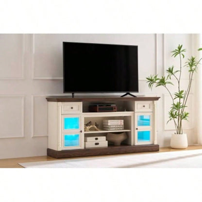 Farmhouse Fireplace TV Stand with Roman Column Styling, Up to 80 - inch TV, 70 - inch Modern Tall Entertainment Center with LED Lights, Living Room Media Console