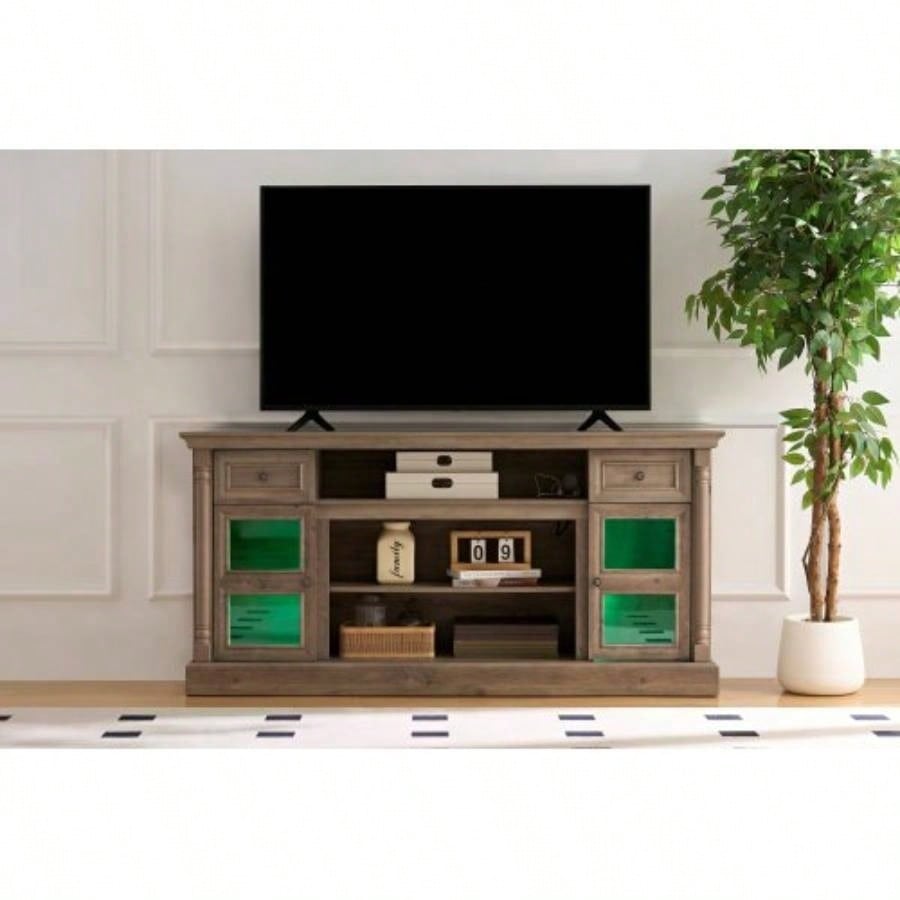 Farmhouse Fireplace TV Stand with Roman Column Styling, Up to 80 - inch TV, 70 - inch Modern Tall Entertainment Center with LED Lights, Living Room Media Console