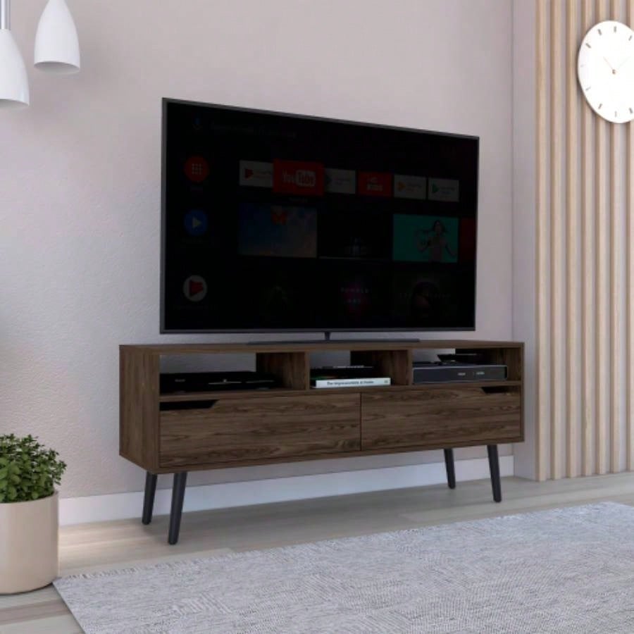 Tv Stand TVs up 52 Three Open Shelves, Two Flexible Drawers, Dark Walnut