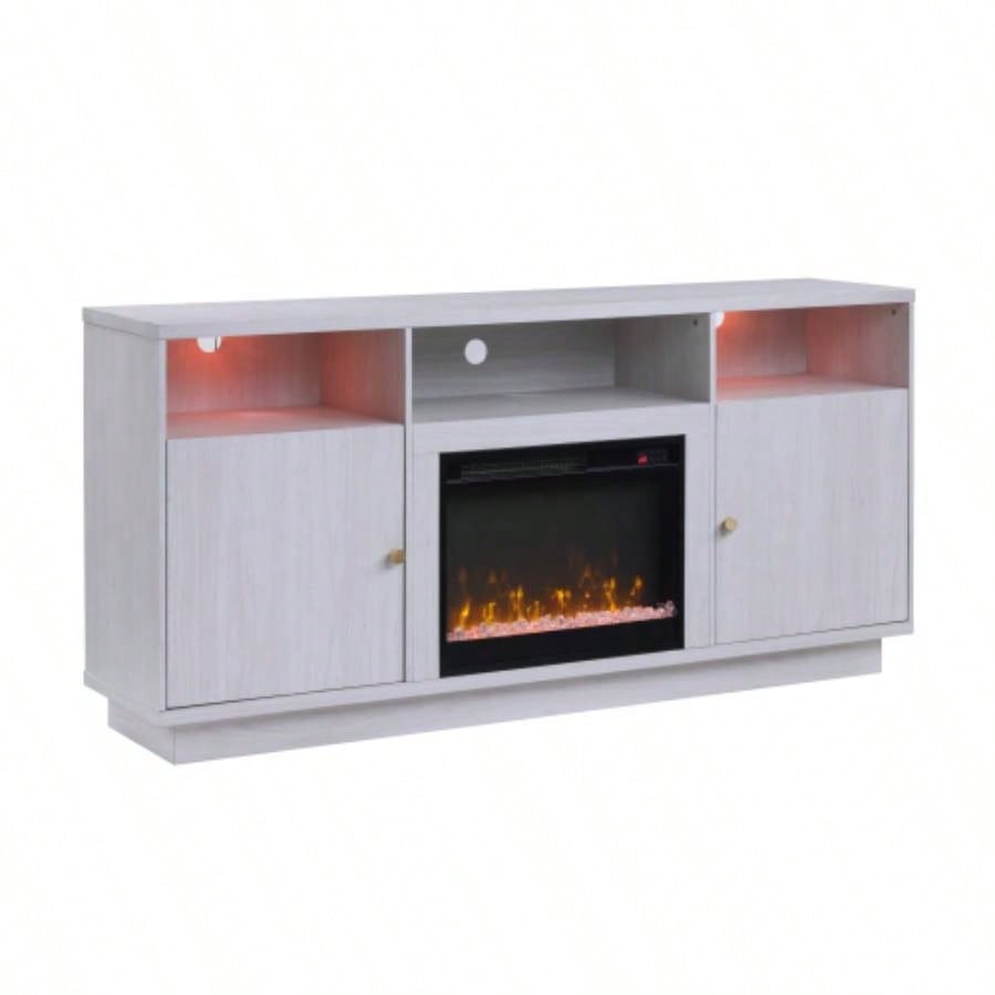 Ambrose 70 White Walnut Fireplace Console TV Stand with Heater, LED Light, Cabinets, Shelves