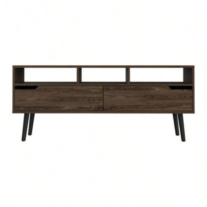 Tv Stand TVs up 52 Three Open Shelves, Two Flexible Drawers, Dark Walnut