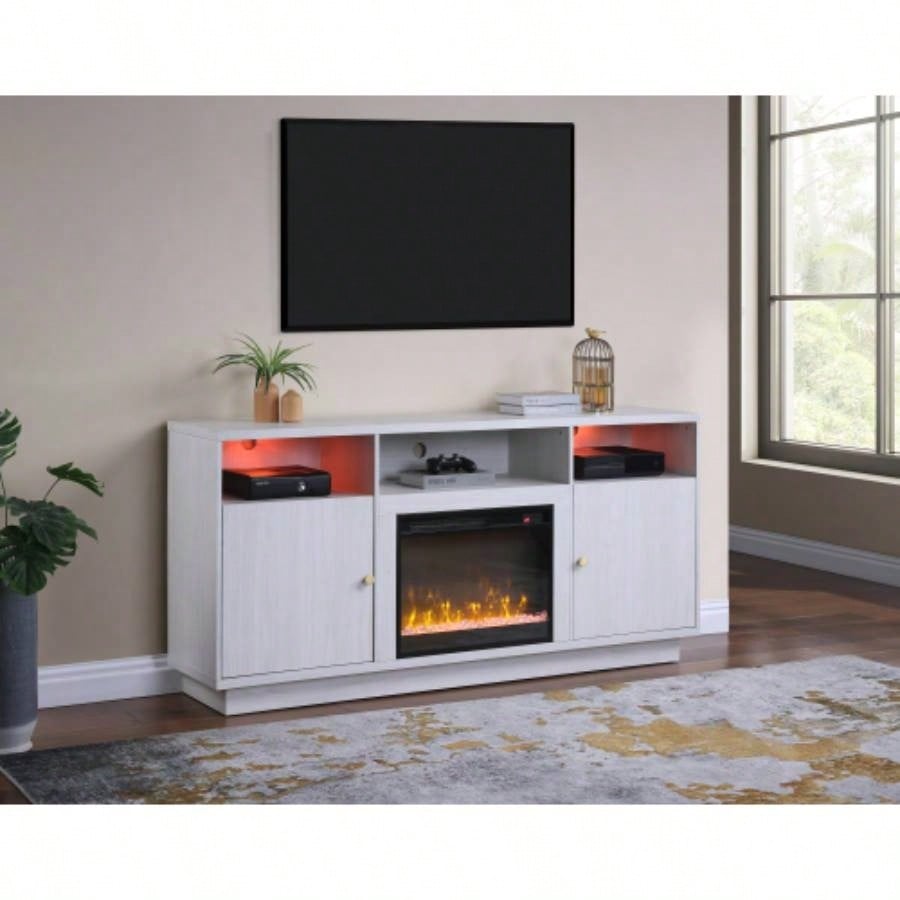 Ambrose 70 White Walnut Fireplace Console TV Stand with Heater, LED Light, Cabinets, Shelves