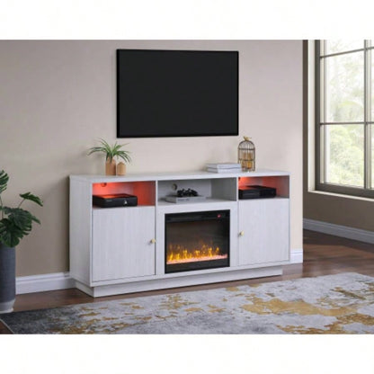 Ambrose 70 White Walnut Fireplace Console TV Stand with Heater, LED Light, Cabinets, Shelves