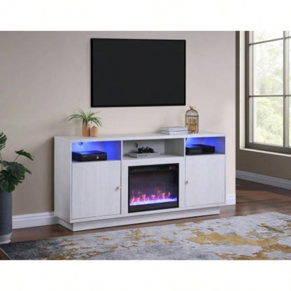 Ambrose 70 White Walnut Fireplace Console TV Stand with Heater, LED Light, Cabinets, Shelves