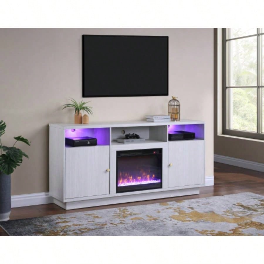 Ambrose 70 White Walnut Fireplace Console TV Stand with Heater, LED Light, Cabinets, Shelves