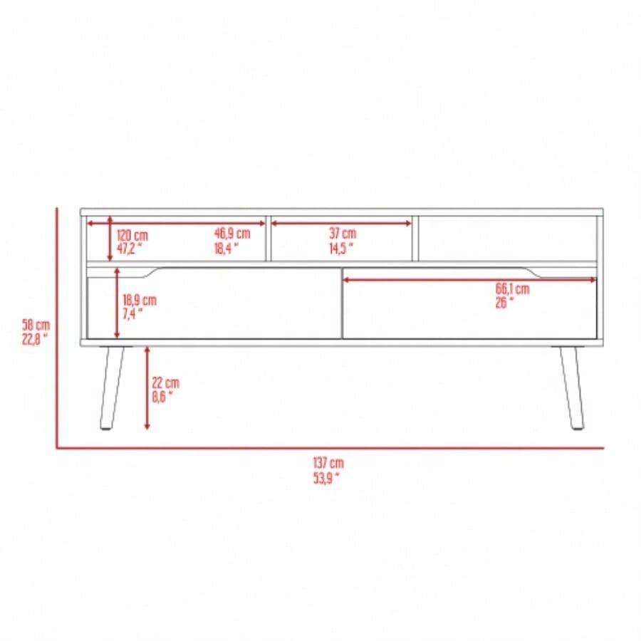 Tv Stand TVs up 52 Three Open Shelves, Two Flexible Drawers, Dark Walnut