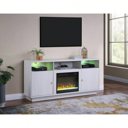 Ambrose 70 White Walnut Fireplace Console TV Stand with Heater, LED Light, Cabinets, Shelves