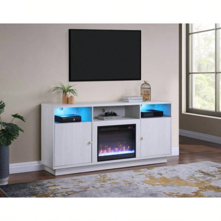 Ambrose 70 White Walnut Fireplace Console TV Stand with Heater, LED Light, Cabinets, Shelves