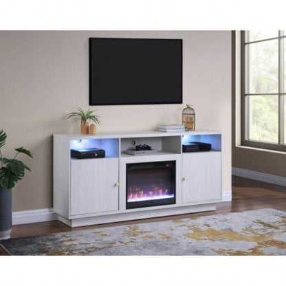 Ambrose 70 White Walnut Fireplace Console TV Stand with Heater, LED Light, Cabinets, Shelves