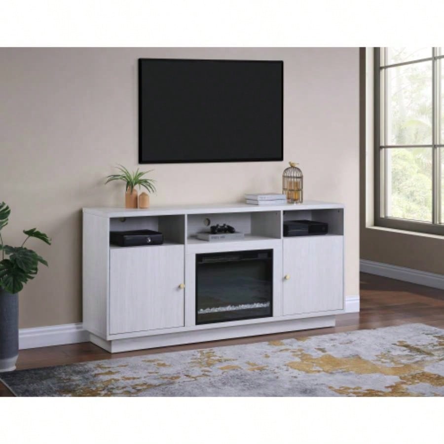 Ambrose 70 White Walnut Fireplace Console TV Stand with Heater, LED Light, Cabinets, Shelves