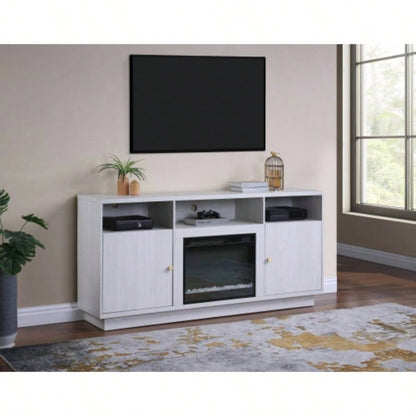 Ambrose 70 White Walnut Fireplace Console TV Stand with Heater, LED Light, Cabinets, Shelves