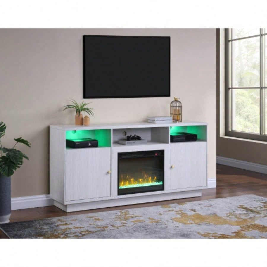 Ambrose 70 White Walnut Fireplace Console TV Stand with Heater, LED Light, Cabinets, Shelves