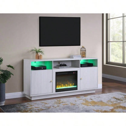 Ambrose 70 White Walnut Fireplace Console TV Stand with Heater, LED Light, Cabinets, Shelves