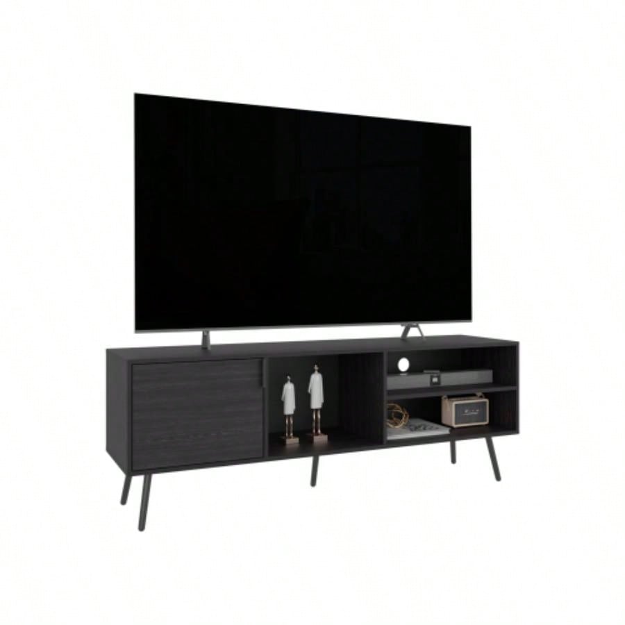 TV Stand, 1 Door, 3 Shelves, Black