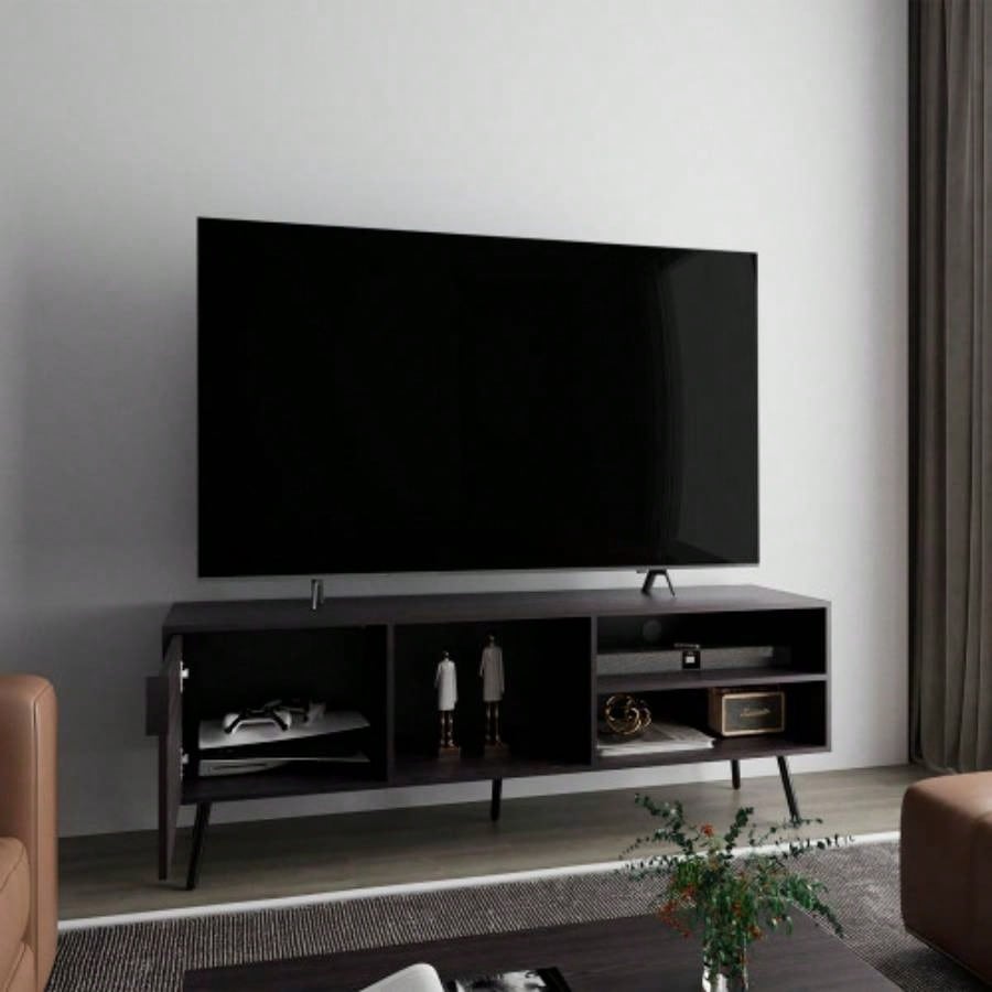 TV Stand, 1 Door, 3 Shelves, Black