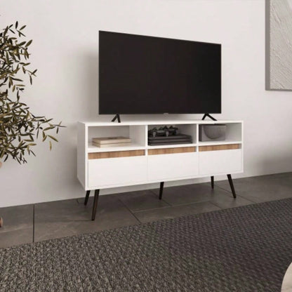 TV Stand, 3 Drawers, 3 Shelves, White/ Natural Oak