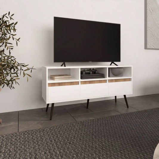 TV Stand, 3 Drawers, 3 Shelves, White/ Natural Oak