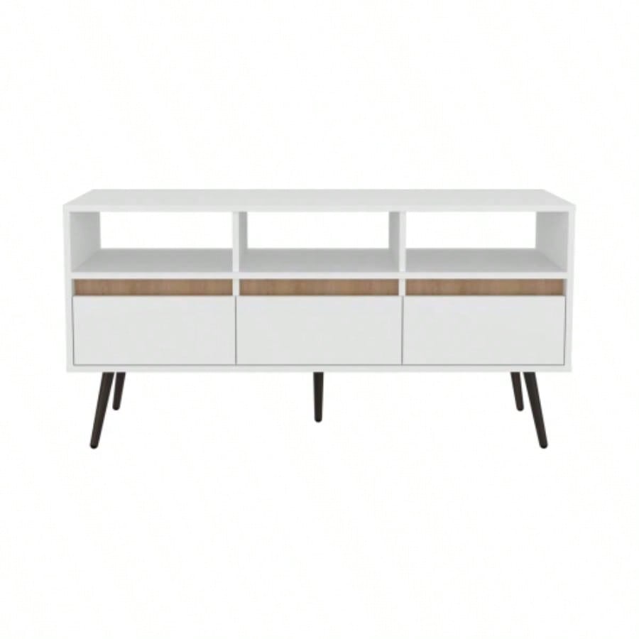 TV Stand, 3 Drawers, 3 Shelves, White/ Natural Oak