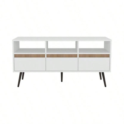 TV Stand, 3 Drawers, 3 Shelves, White/ Natural Oak