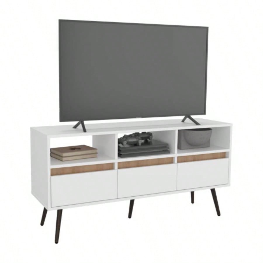 TV Stand, 3 Drawers, 3 Shelves, White/ Natural Oak