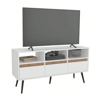 TV Stand, 3 Drawers, 3 Shelves, White/ Natural Oak