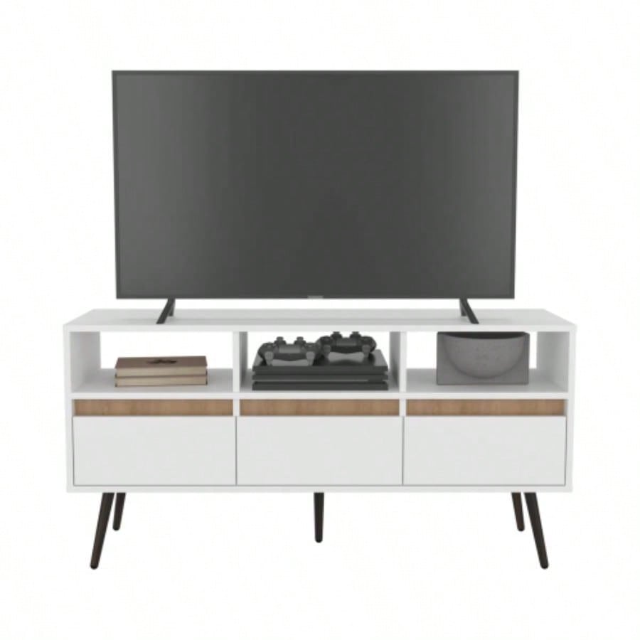 TV Stand, 3 Drawers, 3 Shelves, White/ Natural Oak