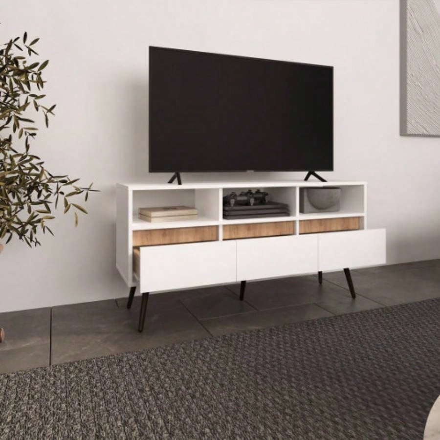 TV Stand, 3 Drawers, 3 Shelves, White/ Natural Oak