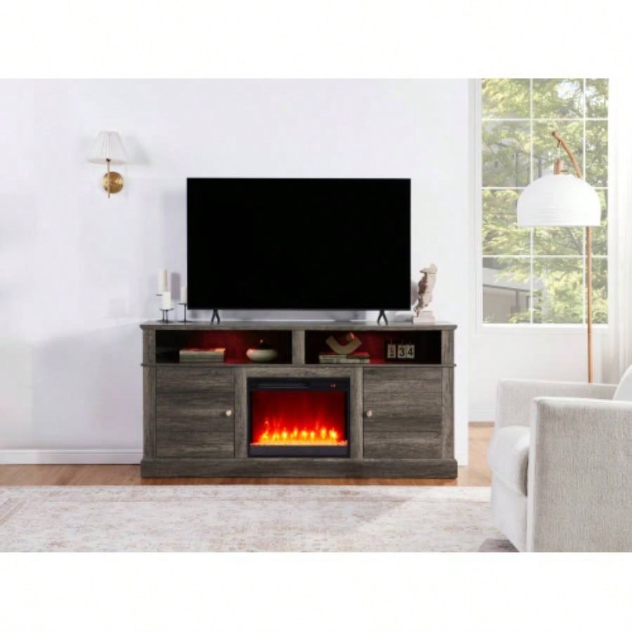 Lucifer 70 Gray Walnut TV Stand Console with Fireplace and Heater