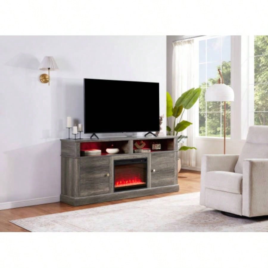 Lucifer 70 Gray Walnut TV Stand Console with Fireplace and Heater