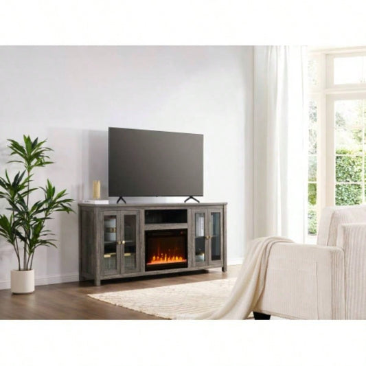 Ellington 70 Gray Walnut Fireplace TV Stand Console with Heater, LED Light, Cabinets, Shelves
