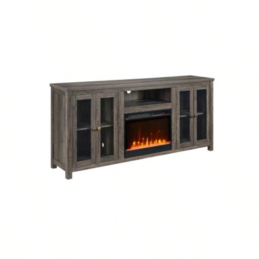 Ellington 70 Gray Walnut Fireplace TV Stand Console with Heater, LED Light, Cabinets, Shelves