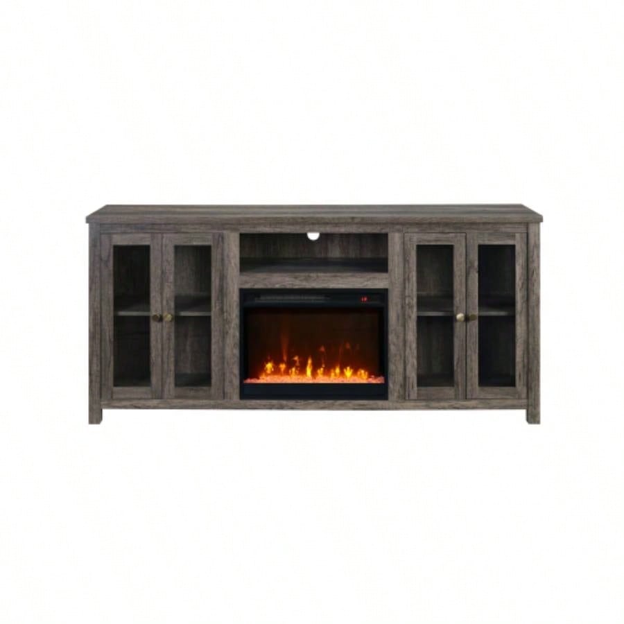 Ellington 70 Gray Walnut Fireplace TV Stand Console with Heater, LED Light, Cabinets, Shelves