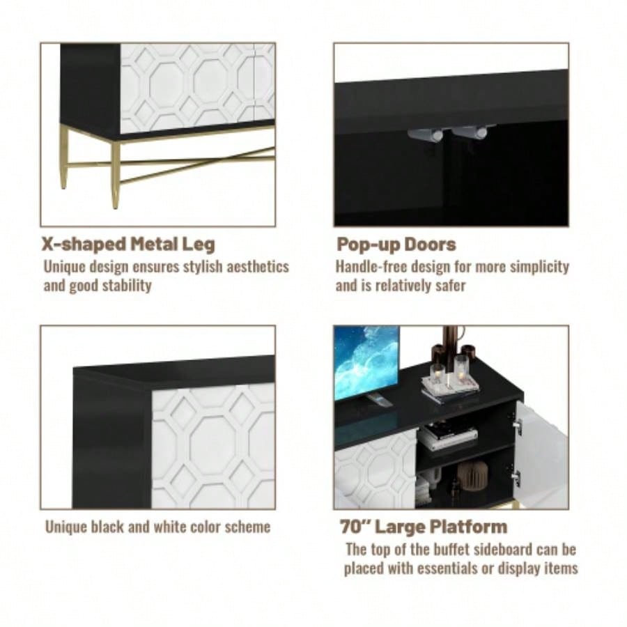 Modern Black and White Color Scheme Press Design 4 Door Cabinet, Living Room TV Stand