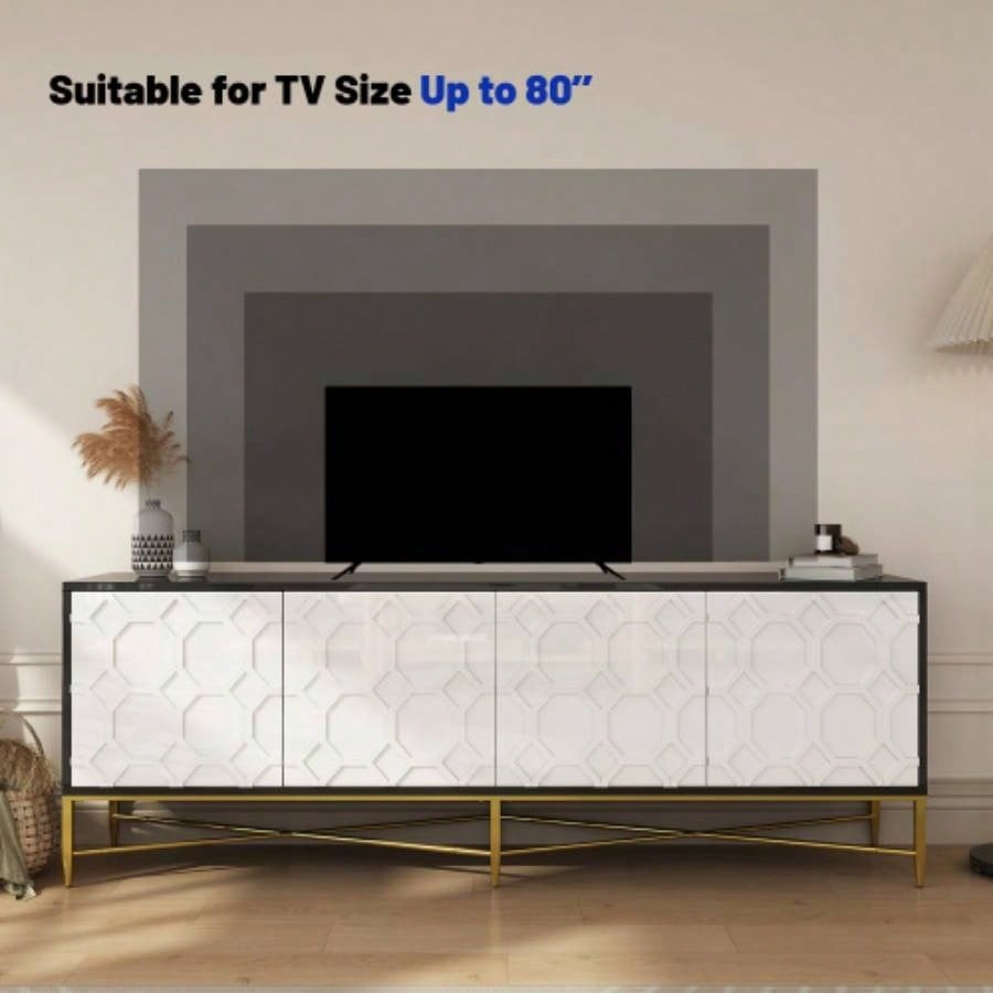 Modern Black and White Color Scheme Press Design 4 Door Cabinet, Living Room TV Stand