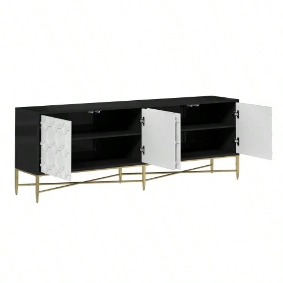 Modern Black and White Color Scheme Press Design 4 Door Cabinet, Living Room TV Stand
