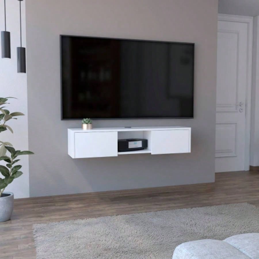 Adel Floating TV Stand, Sleek Wall - Mounted Console with 2 - Doors, White