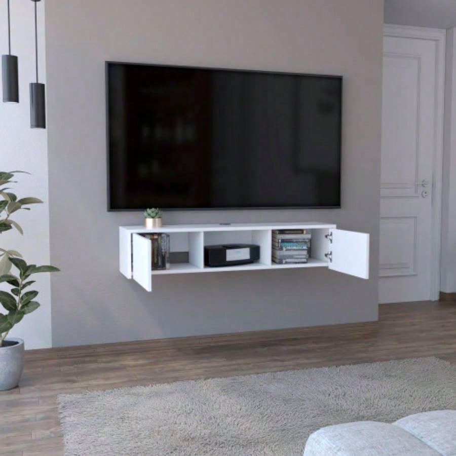 Adel Floating TV Stand, Sleek Wall - Mounted Console with 2 - Doors, White