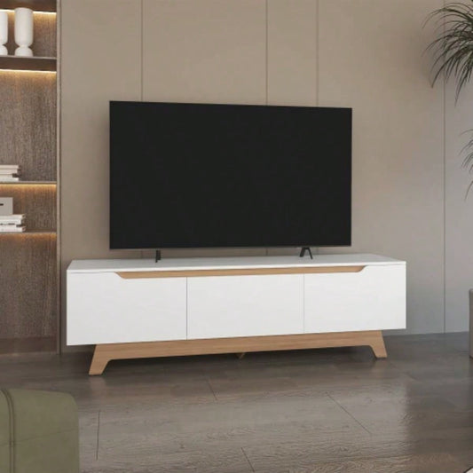 TV Stand, 2 Doors, 1 Drawer, White/ Natural Oak