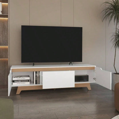 TV Stand, 2 Doors, 1 Drawer, White/ Natural Oak