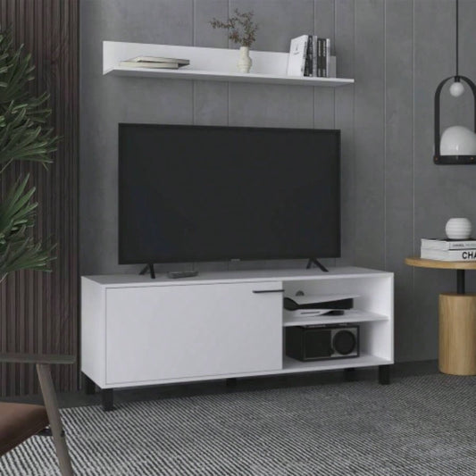 Living Room Set, Tv Stand+ Wall Shelf, 1 Door, 3 Shelves, White