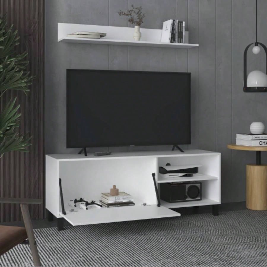 Living Room Set, Tv Stand+ Wall Shelf, 1 Door, 3 Shelves, White