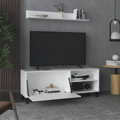 Living Room Set, Tv Stand+ Wall Shelf, 1 Door, 3 Shelves, White