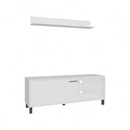 Living Room Set, Tv Stand+ Wall Shelf, 1 Door, 3 Shelves, White