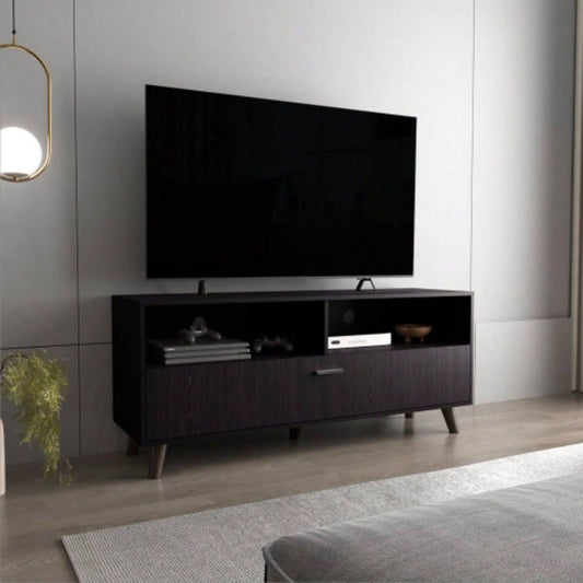Tv Stand, 1 Door, 2 Shelves, Black Wengue